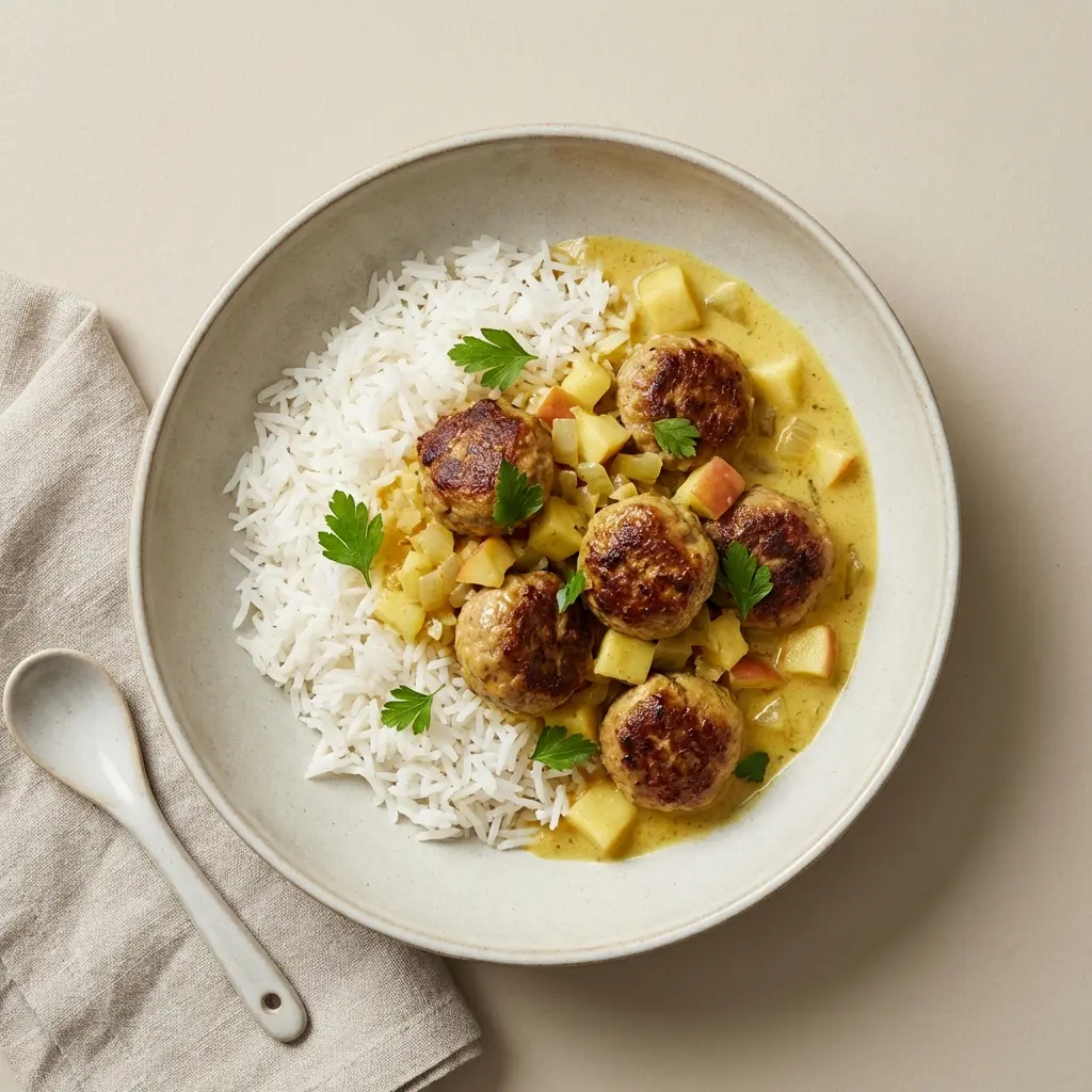 Zdjęcie gotowego dania: Klopsiki w sosie curry z ryżem