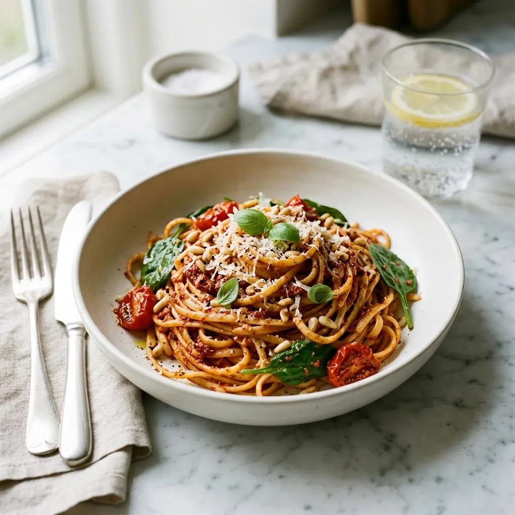 Zdjęcie sosu, dressingu lub dodatku: Makaron z czerwonym pesto