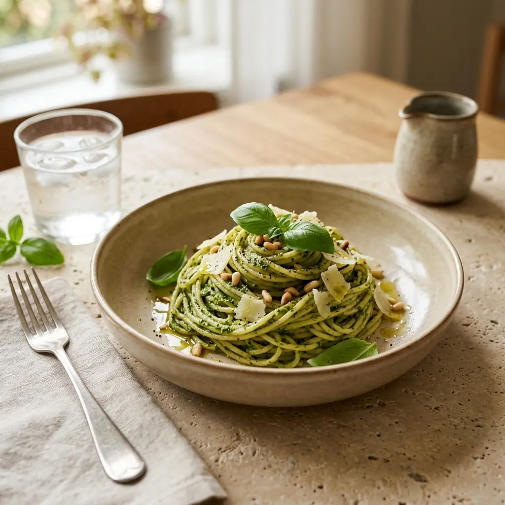 Makaron z zielonym pesto