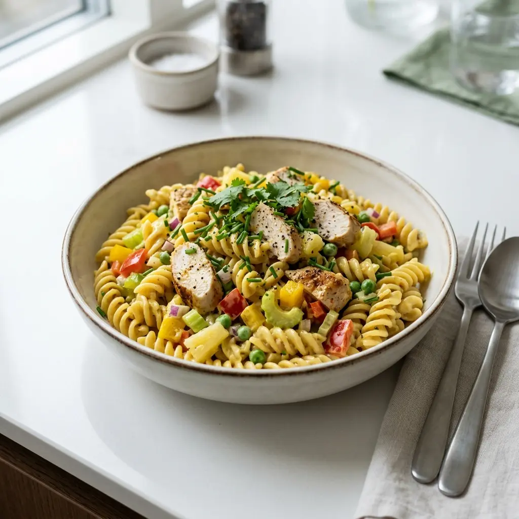 Sałatka makaronowa z kurczakiem i curry