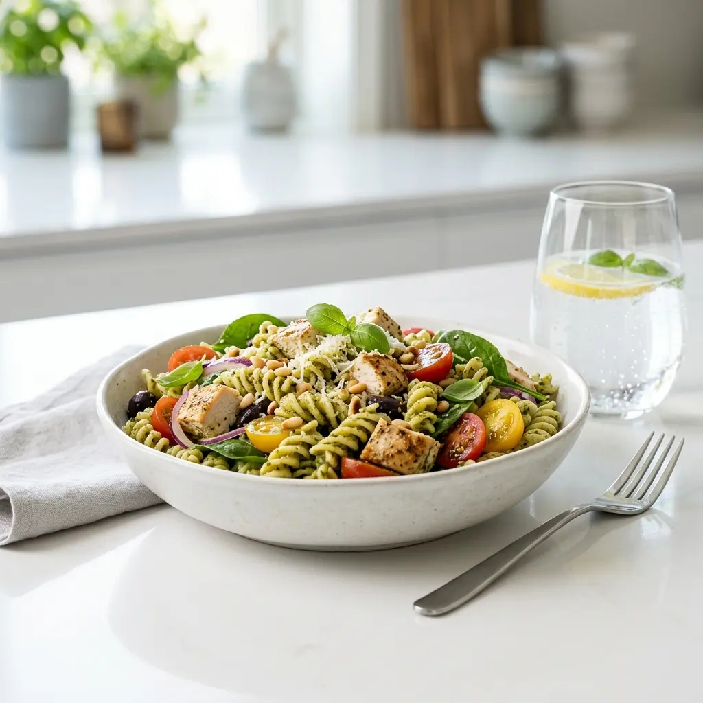 Zdjęcie gotowej potrawy: Sałatka makaronowa z kurczakiem i pesto