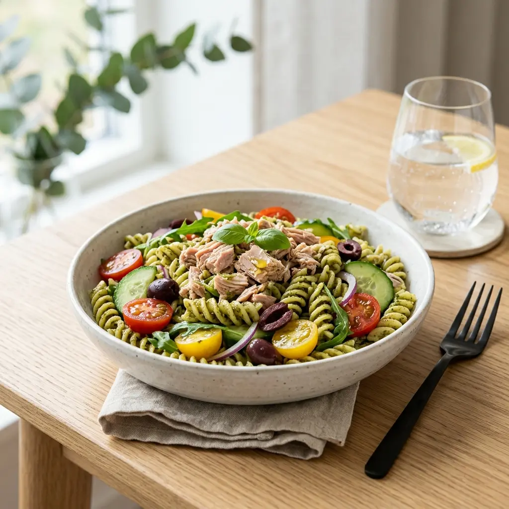 Zdjęcie gotowej potrawy: Sałatka makaronowa z tuńczykiem i pesto