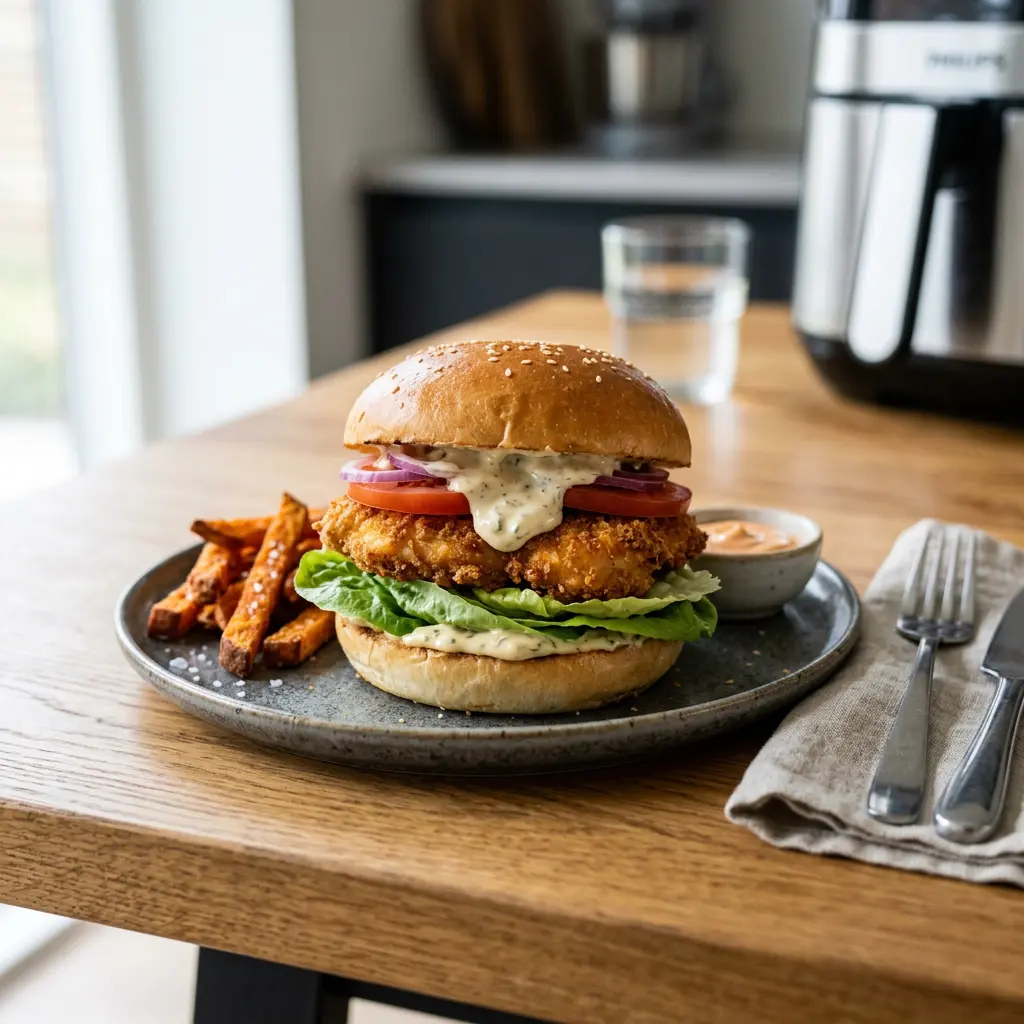Zdjęcie gotowego dania Burger z kurczaka z frytkownicy beztłuszczowej z airfryera