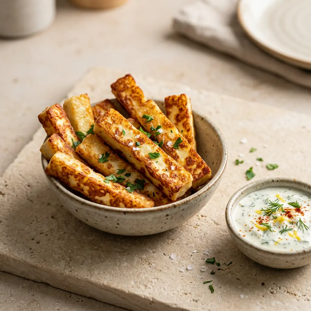 Zdjęcie gotowego dania Frytki z halloumi z frytkownicy beztłuszczowej z airfryera