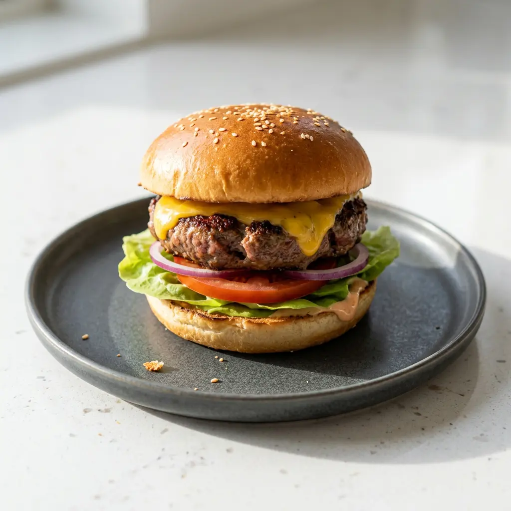 Zdjęcie gotowego dania Hamburger z frytkownicy beztłuszczowej z airfryera