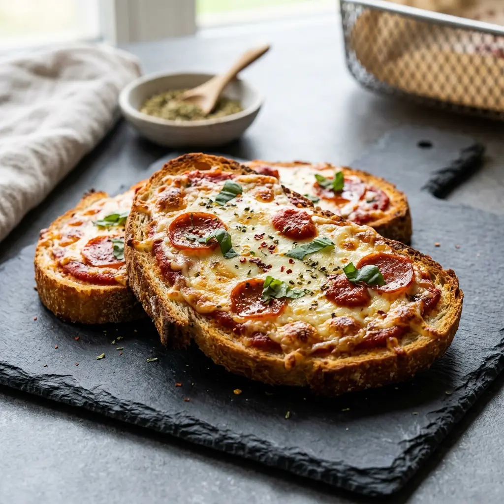 Zdjęcie gotowego dania Tost pizzowy z frytkownicy beztłuszczowej z airfryera